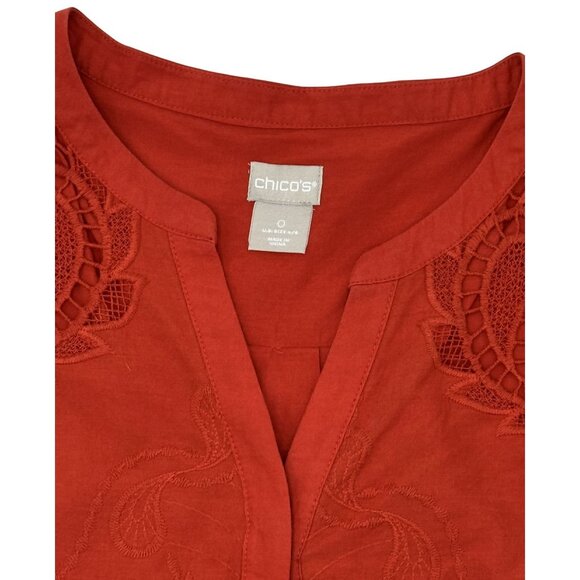 Chico's Rust Red Lace Embroidered Crochet Bell Sleeve Tunic Top Womans Size 0 - Picture 2 of 8